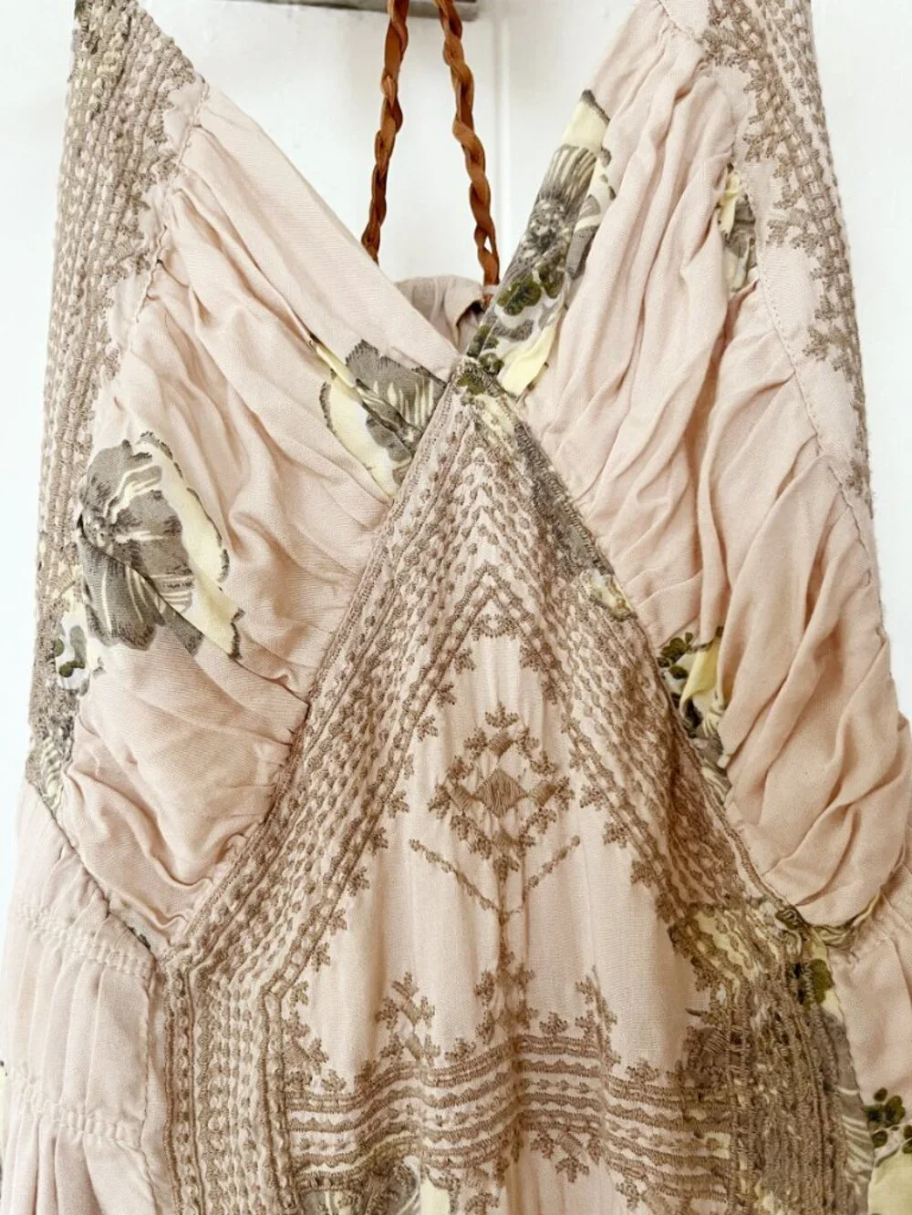 Free People Fauna Midi Dress- Cream Green Floral Hi-Low Halter